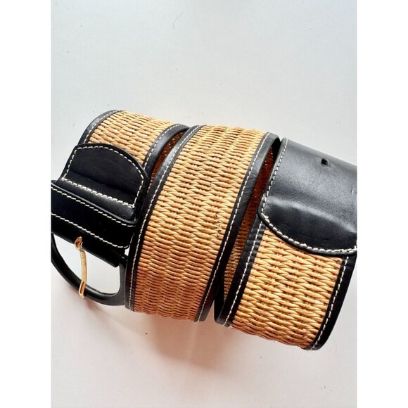 STEFANEL Black Leather Tan Raffia Wide Belt, Size 3 - Picture 5 of 11